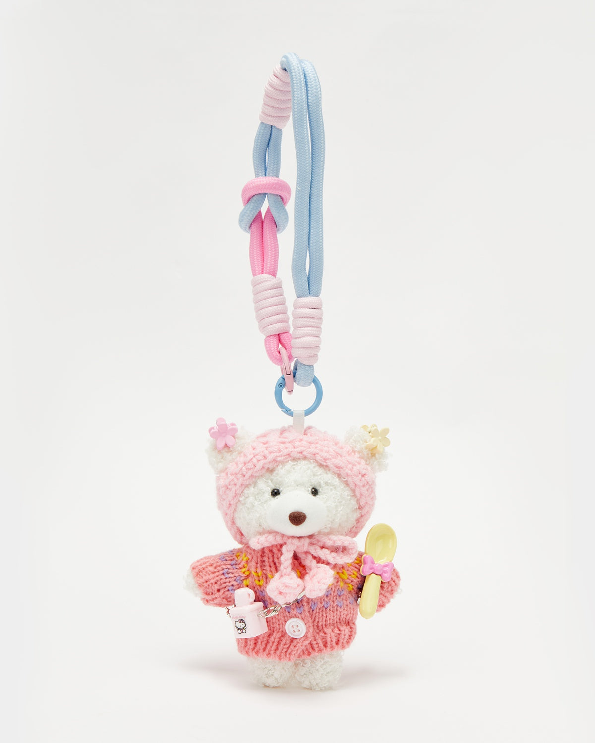 TeddyHuggy®White Bear Pink Knitted Sweater & Hat Keychain Charm