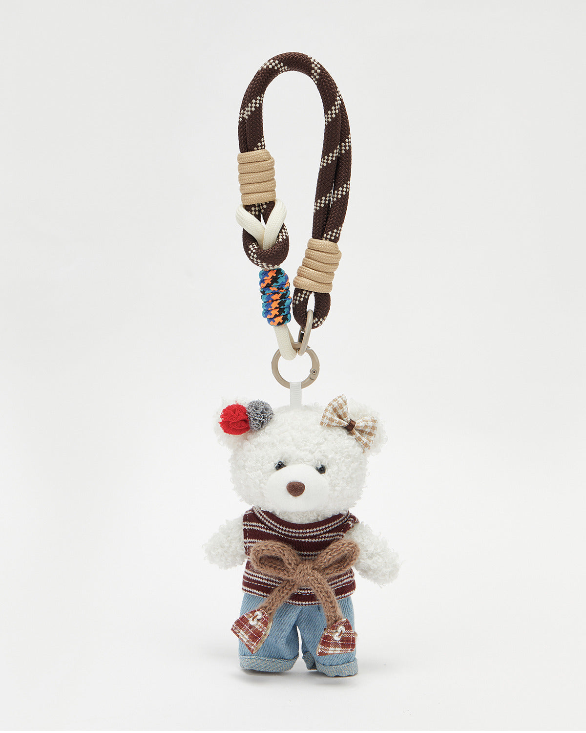TeddyHuggy®White Bear Brown Striped Sweater Denim Overalls Keychain Charm