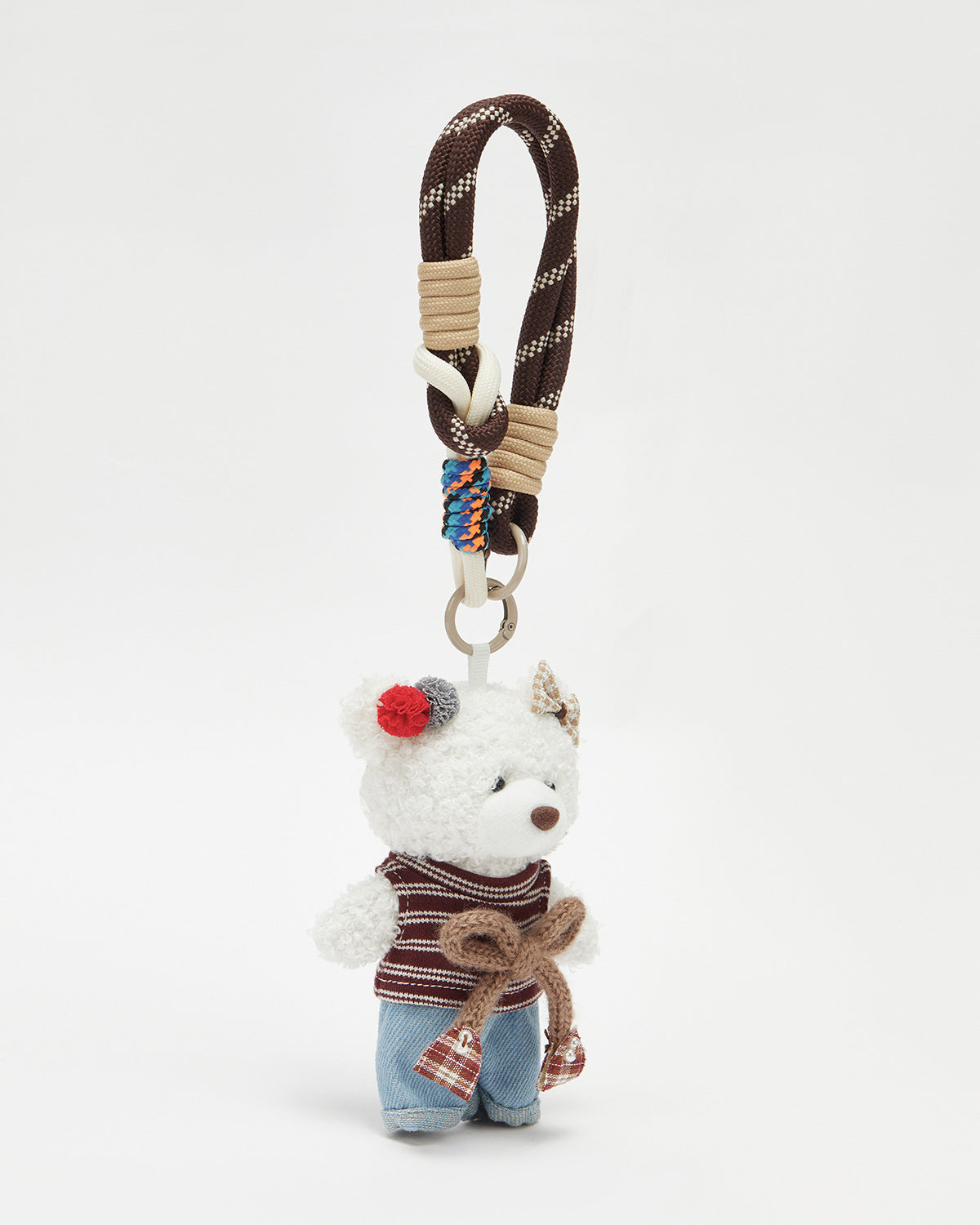 TeddyHuggy®White Bear Brown Striped Sweater Denim Overalls Keychain Charm
