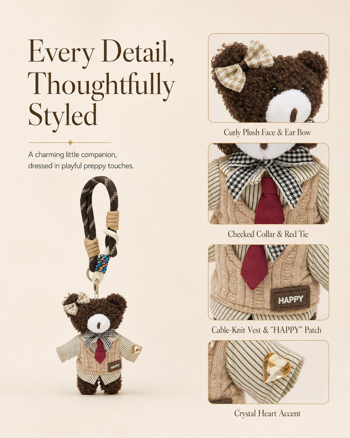 TeddyHuggy® Beige Sweater Vest Bear Charm