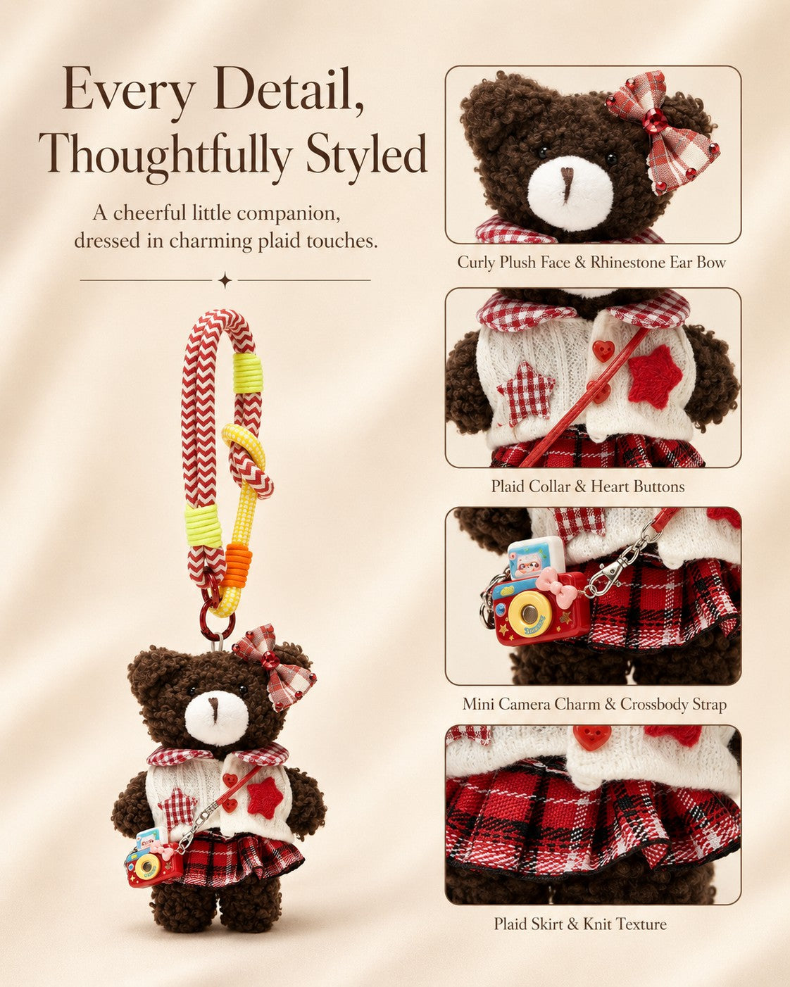 TeddyHuggy® Red Plaid Knit Bear Charm