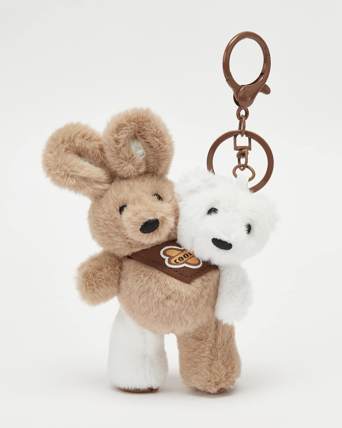 TeddyHuggy®Brown-White Rabbit and Bear Double Animal Friends Keychain Charm