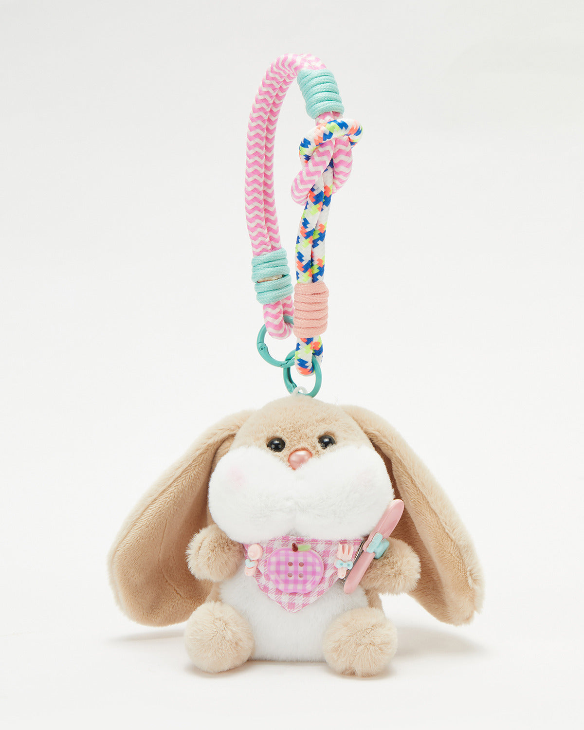 TeddyHuggy®Pink Plaid Scarf & Light Brown Long-Ear Bunny Keychain Charm