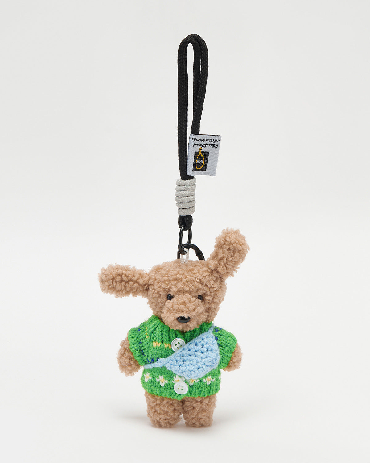 TeddyHuggy®Long-Eared Bear Green Patterned Knit Cardigan & Blue Crossbody Bag Keychain Charm