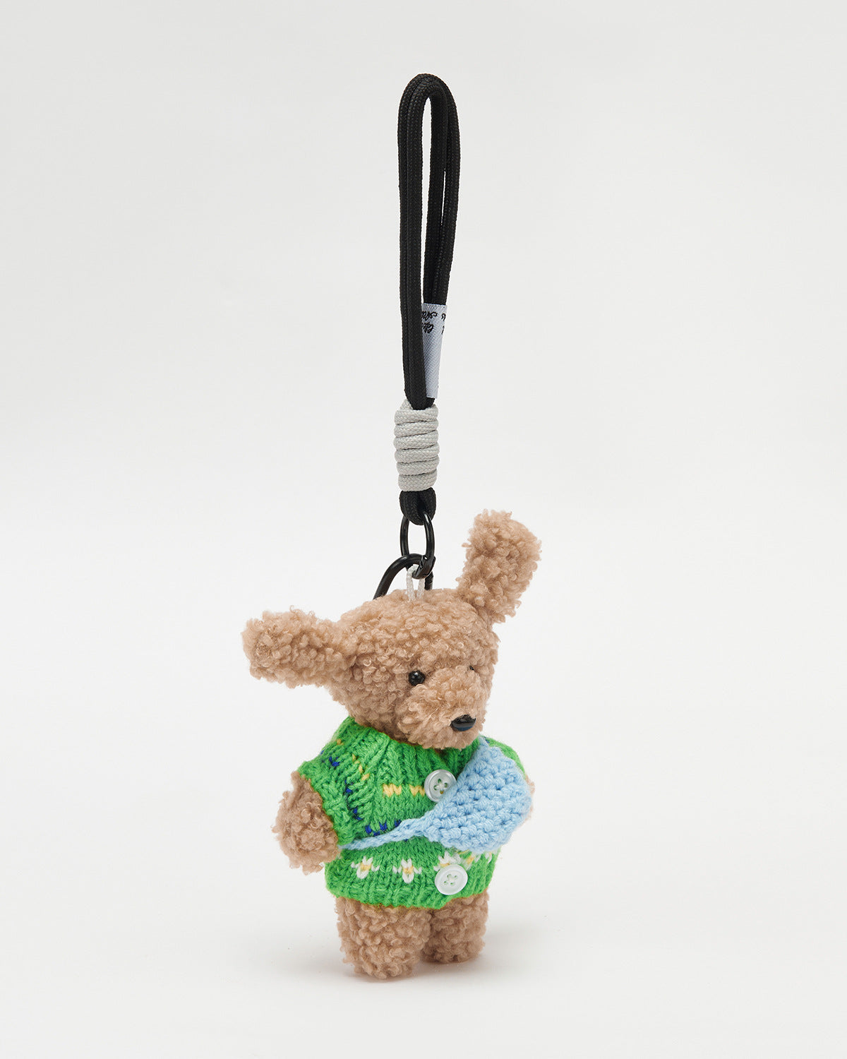 TeddyHuggy®Long-Eared Bear Green Patterned Knit Cardigan & Blue Crossbody Bag Keychain Charm