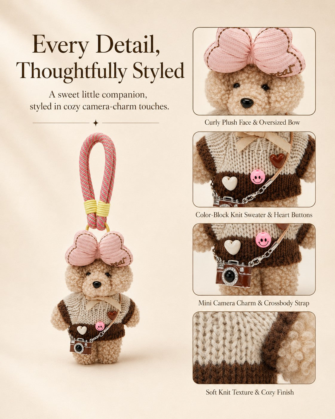 TeddyHuggy® Brown Knit Camera Pup Charm