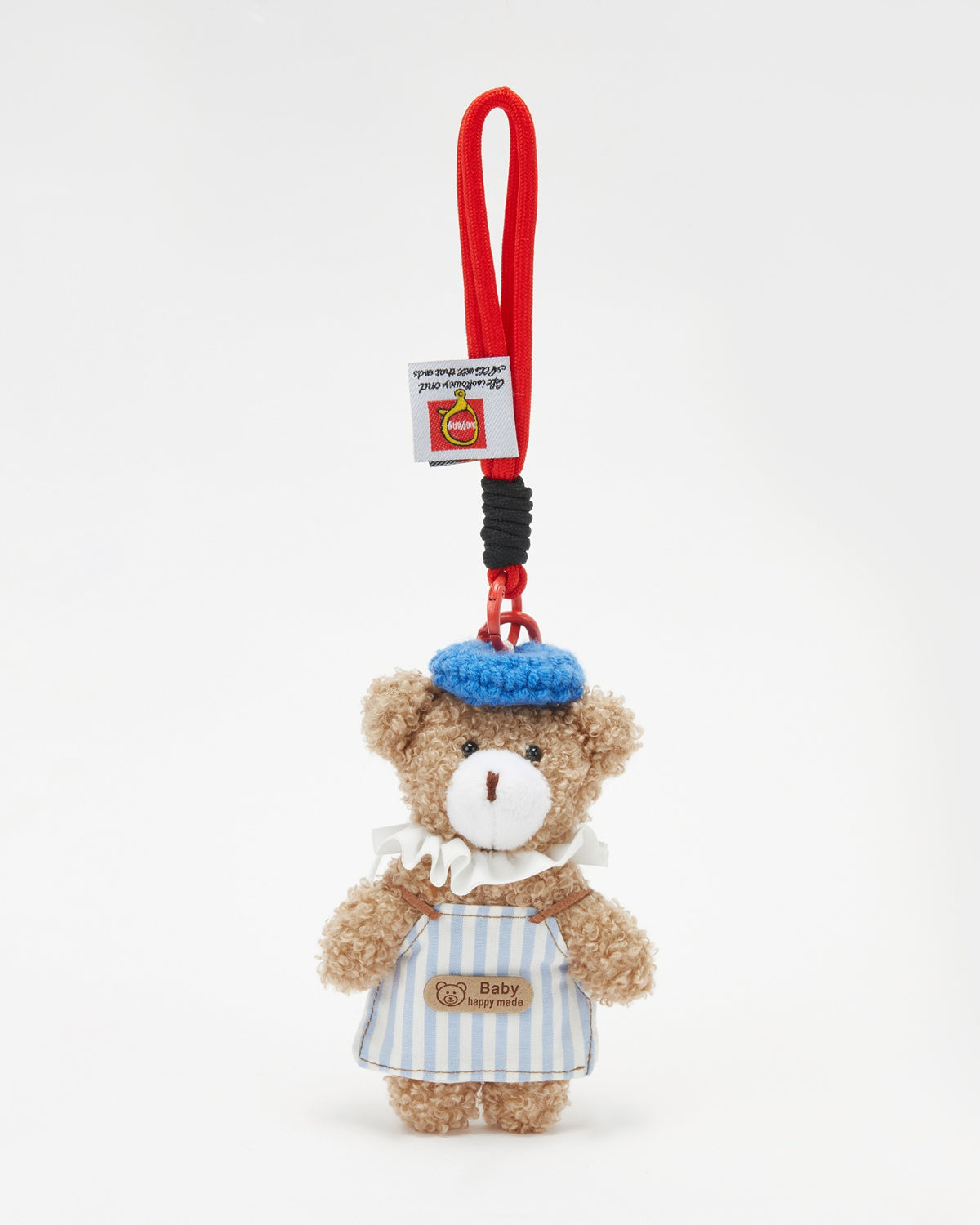 TeddyHuggy®Khaki Bear Blue - White Striped Apron with Ruffled Collar Keychain Charm