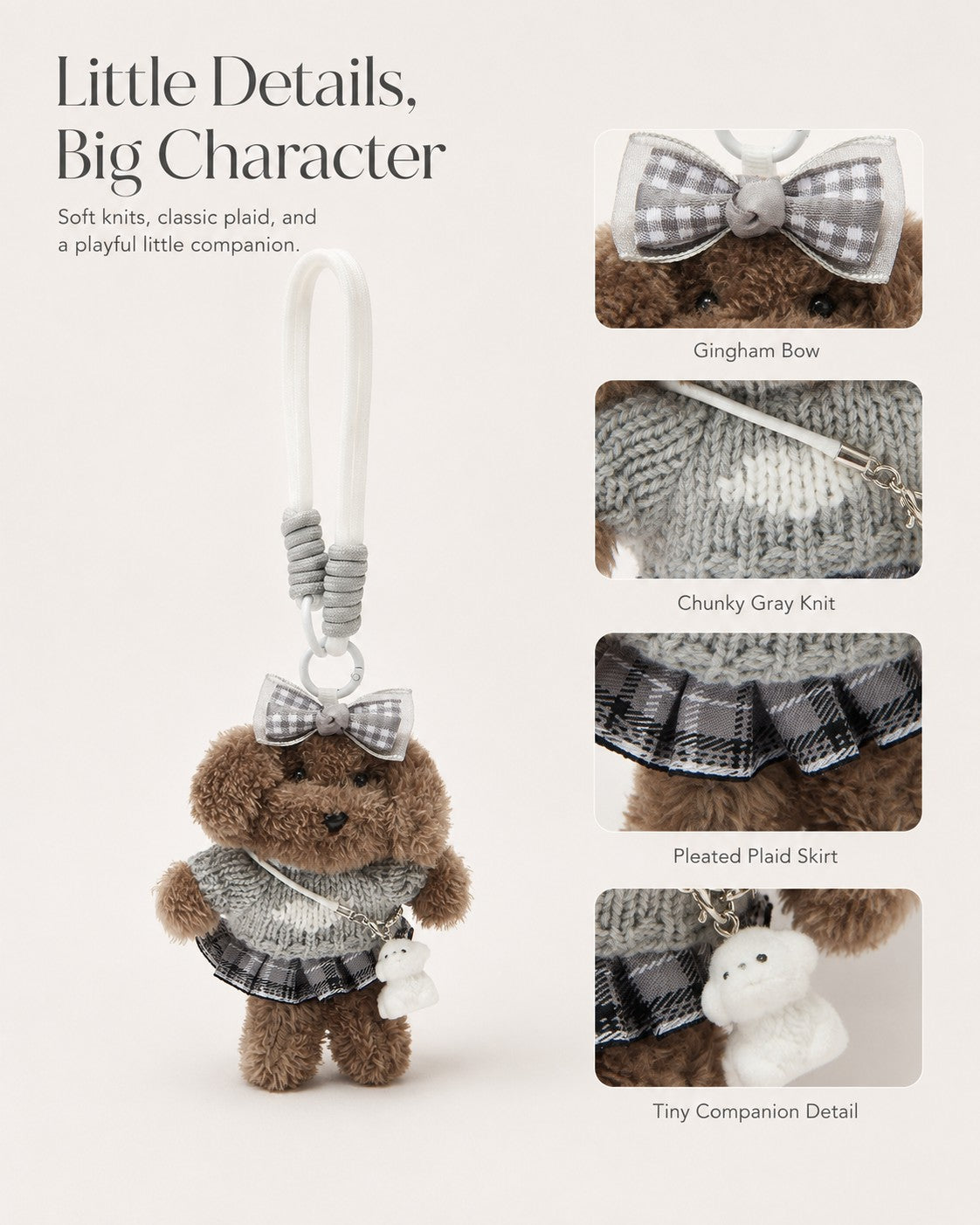 TeddyHuggy® Gray Knit Plaid Pup Charm
