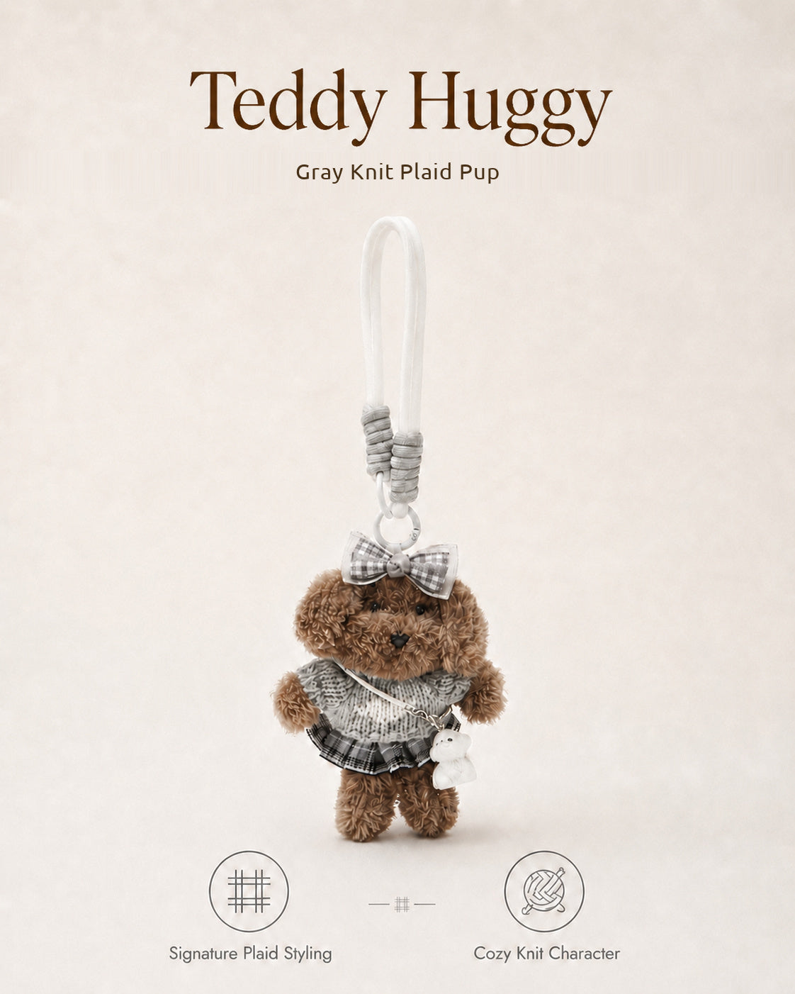 TeddyHuggy® Gray Knit Plaid Pup Charm