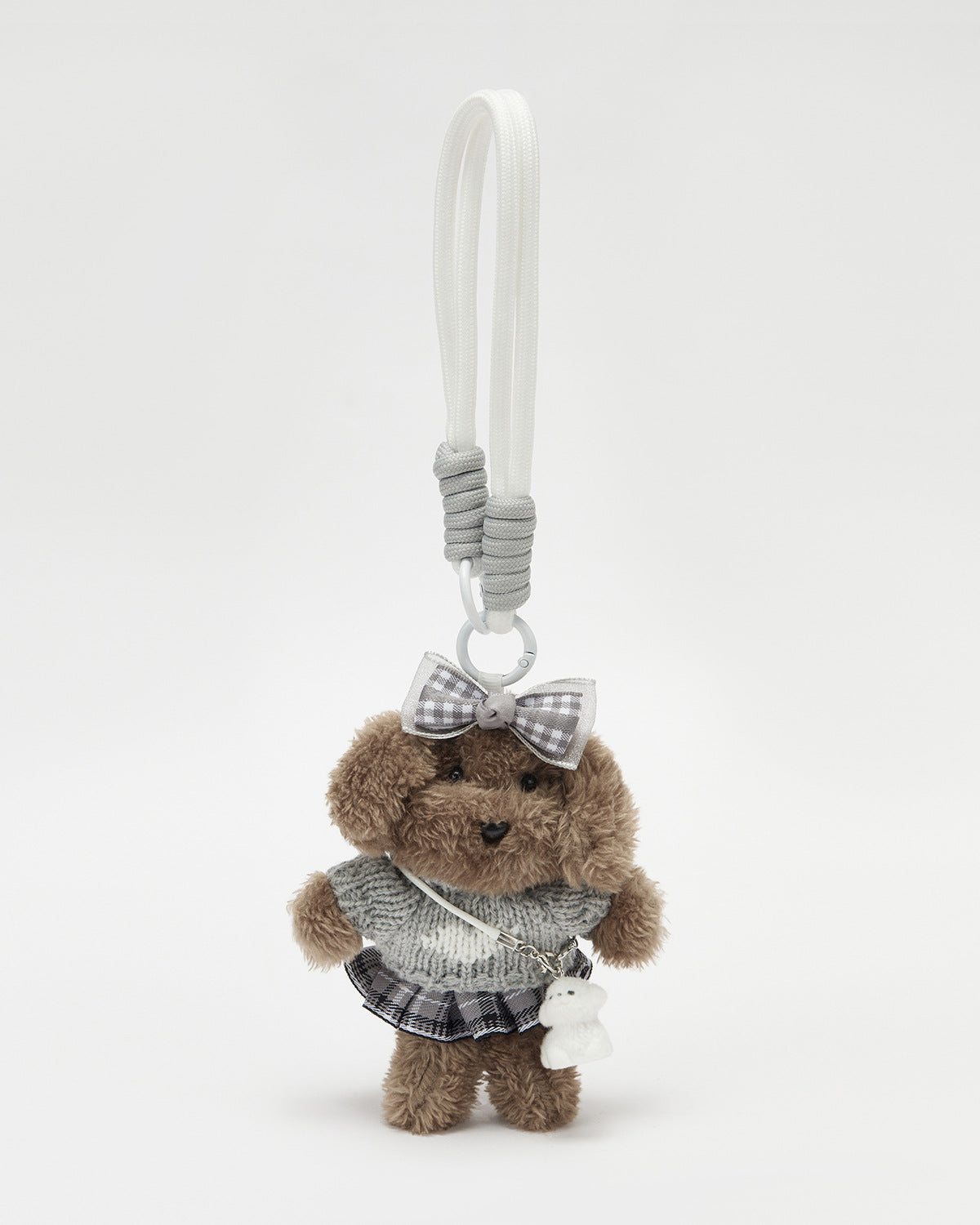 TeddyHuggy®Long Haired Dog Gray Knitted Sweater Plaid Skirt Keychain Charm