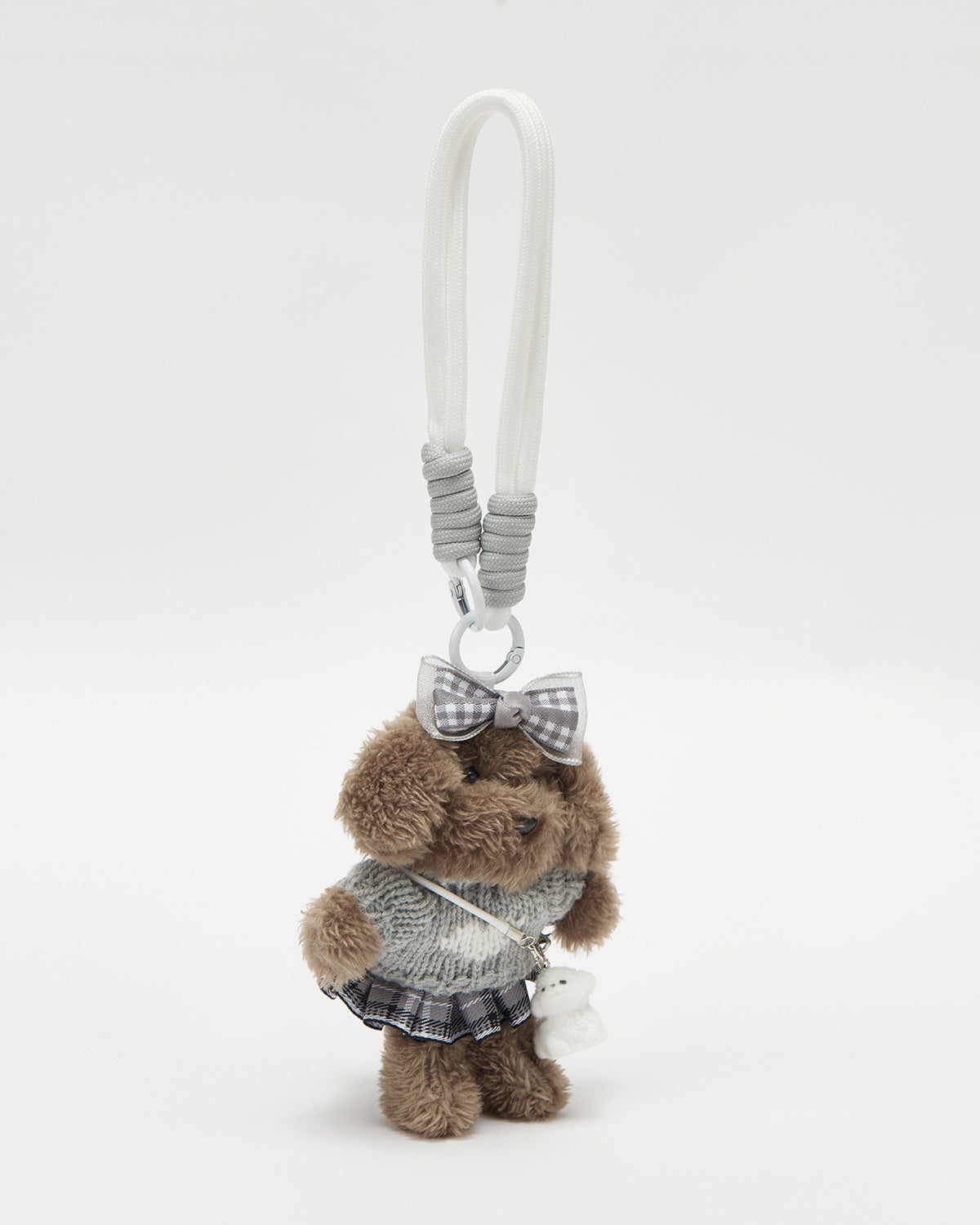 TeddyHuggy®Long Haired Dog Gray Knitted Sweater Plaid Skirt Keychain Charm