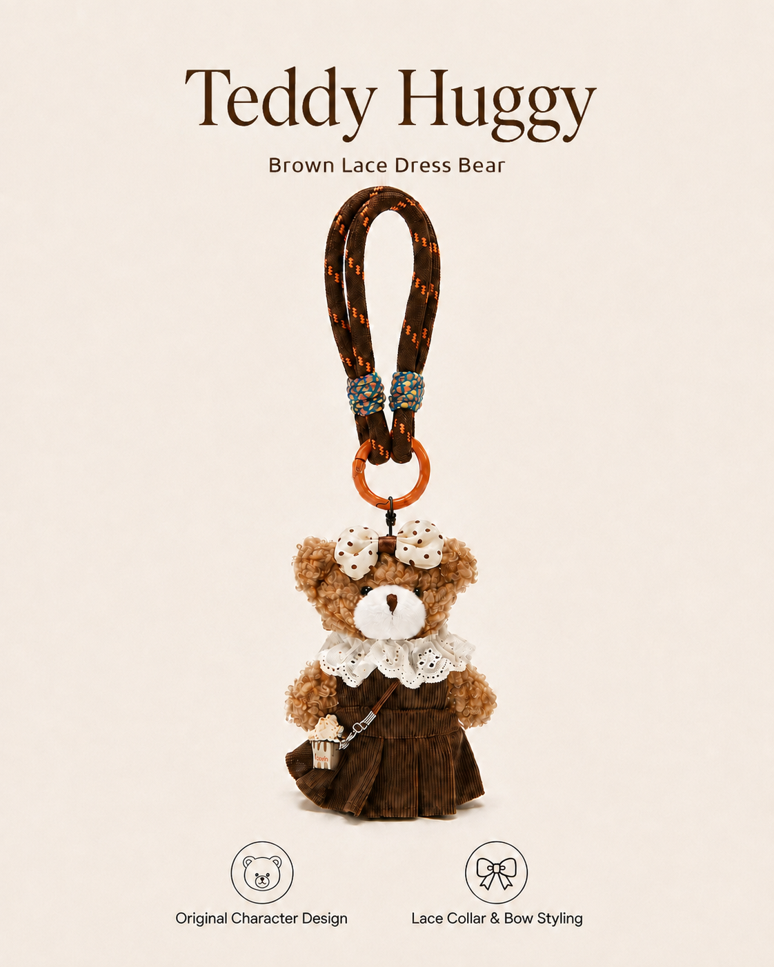TeddyHuggy® Brown Lace Dress Bear Charm