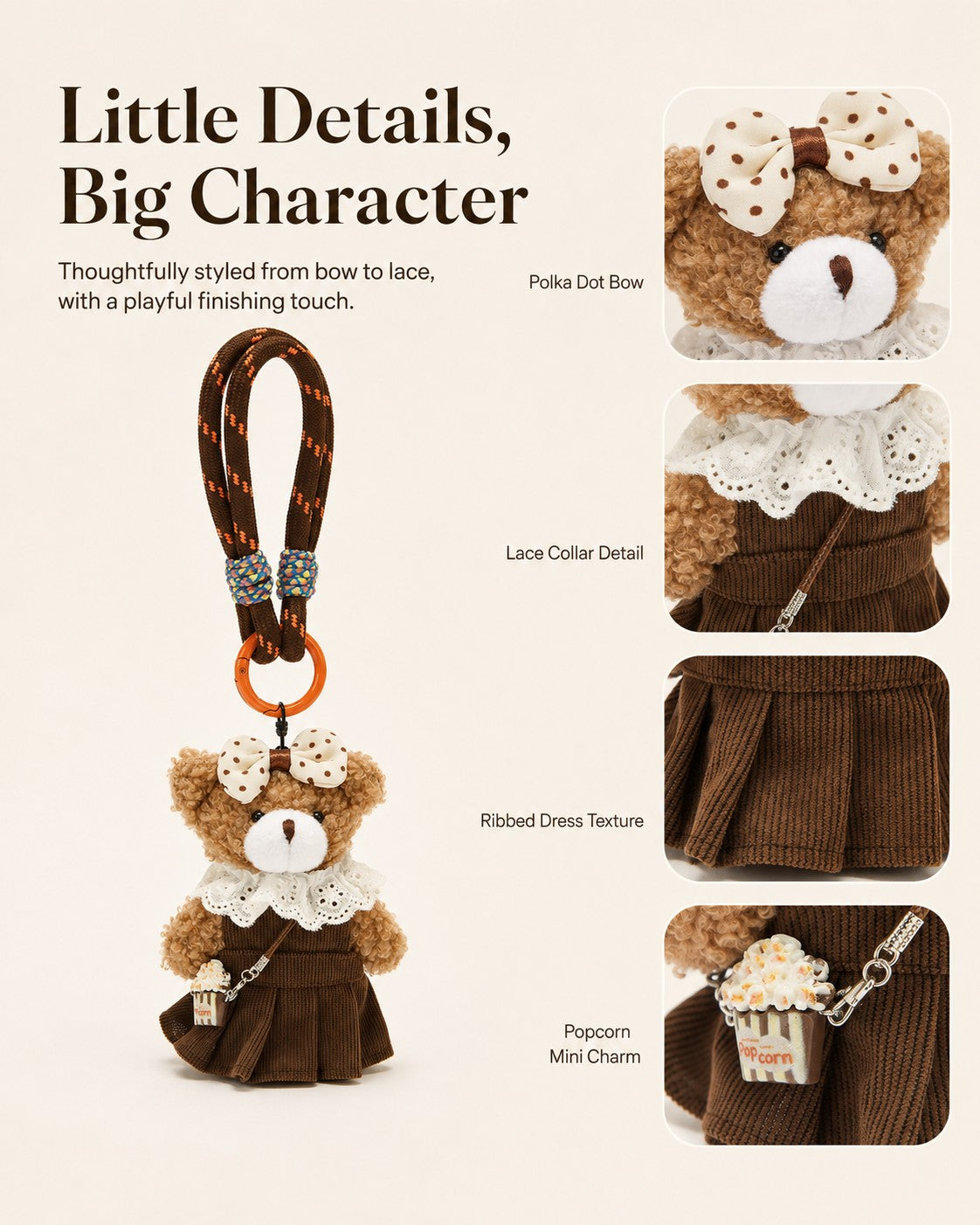 TeddyHuggy® Brown Lace Dress Bear Charm