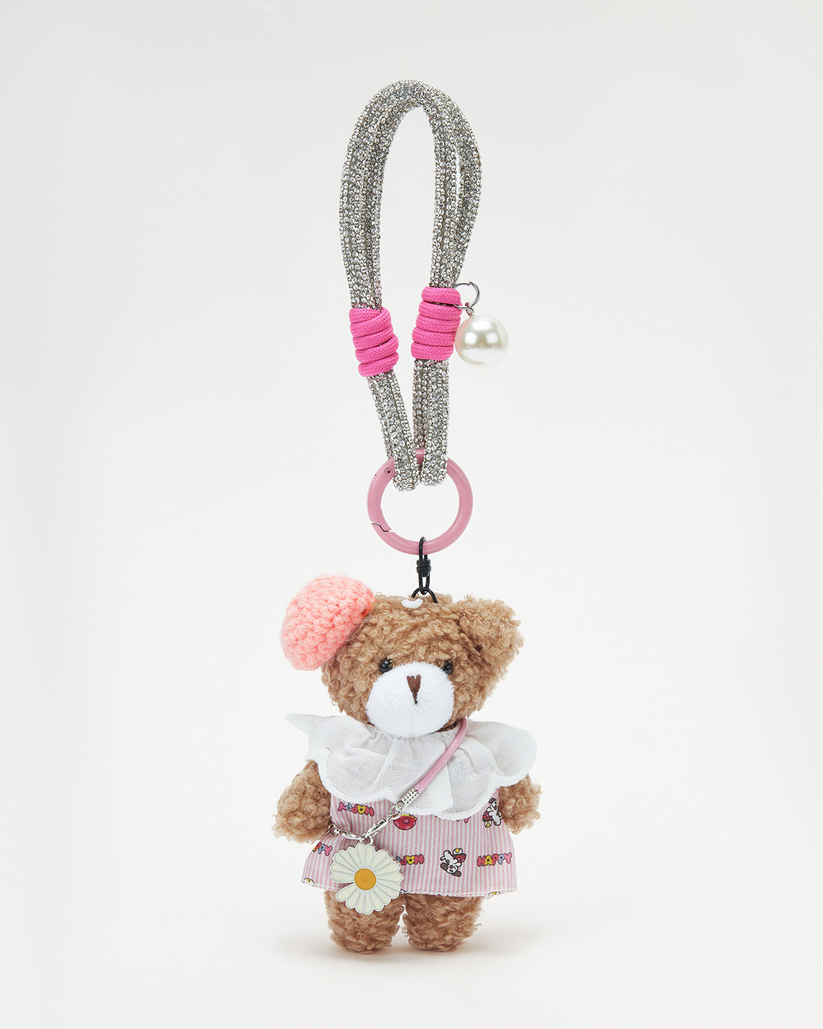 TeddyHuggy®Khaki Bear Pink Striped Dress Knitted Beret Keychain Charm