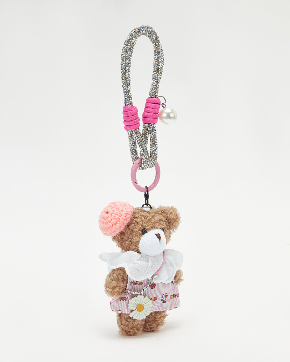 TeddyHuggy®Khaki Bear Pink Striped Dress Knitted Beret Keychain Charm