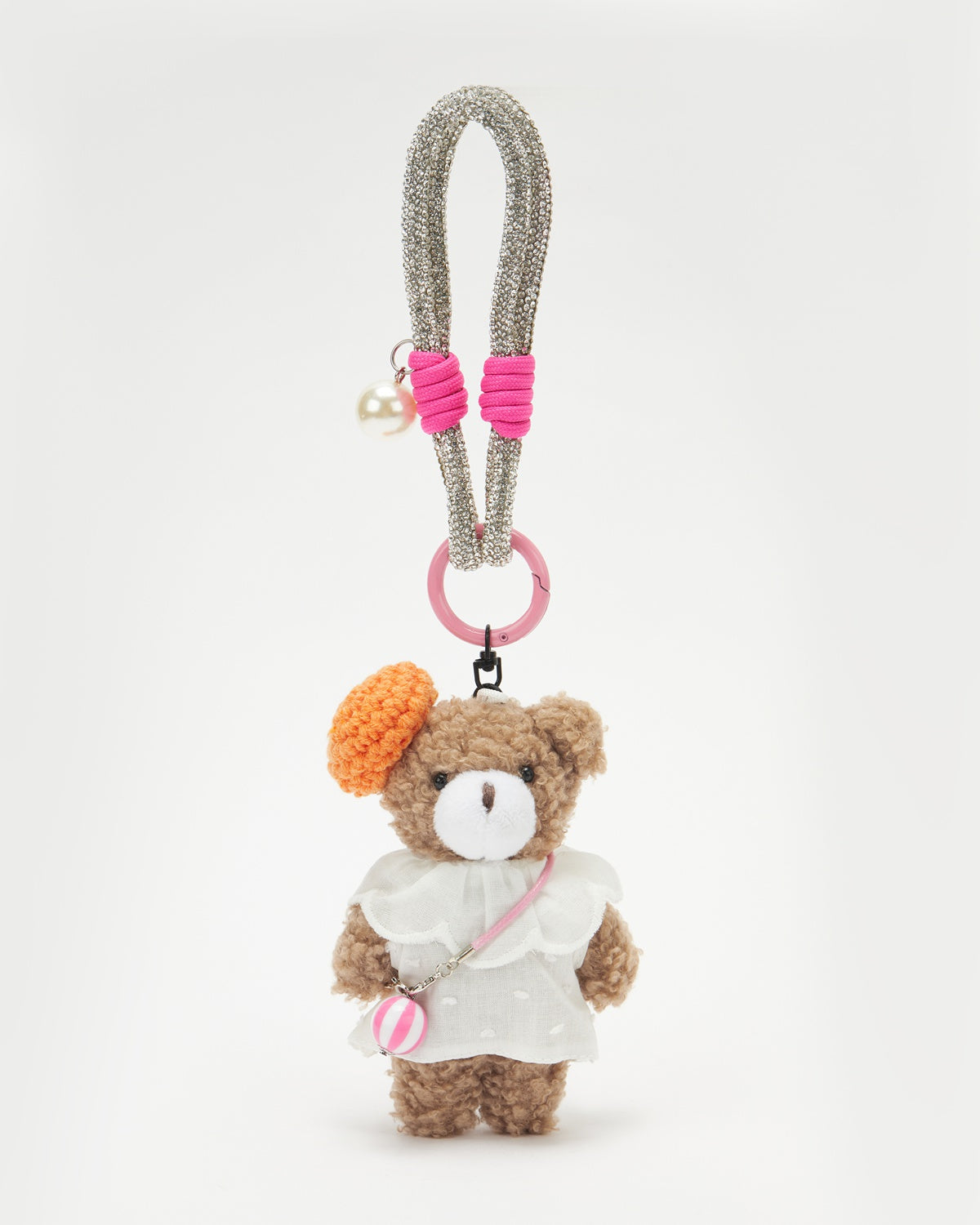 TeddyHuggy®Khaki Bear White Ruffled Dress Knitted Beret Keychain Charm