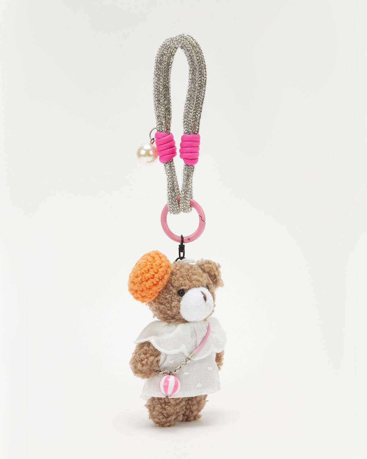 TeddyHuggy®Khaki Bear White Ruffled Dress Knitted Beret Keychain Charm