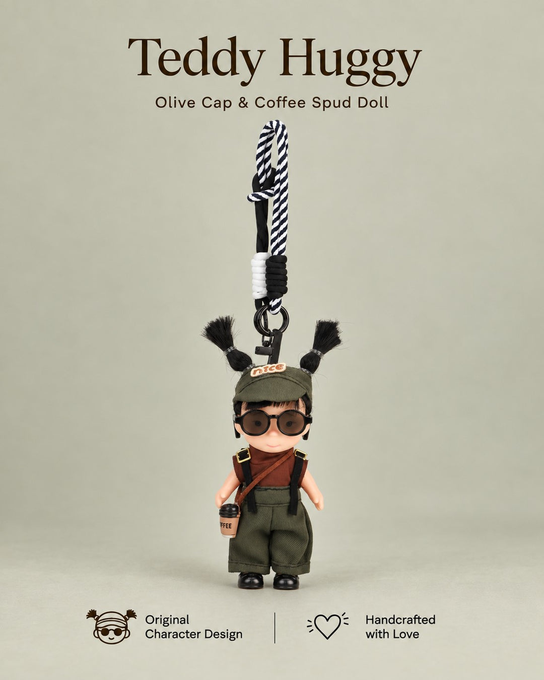 TeddyHuggy® Gray Overalls Coffee Cup Spud Doll Charm
