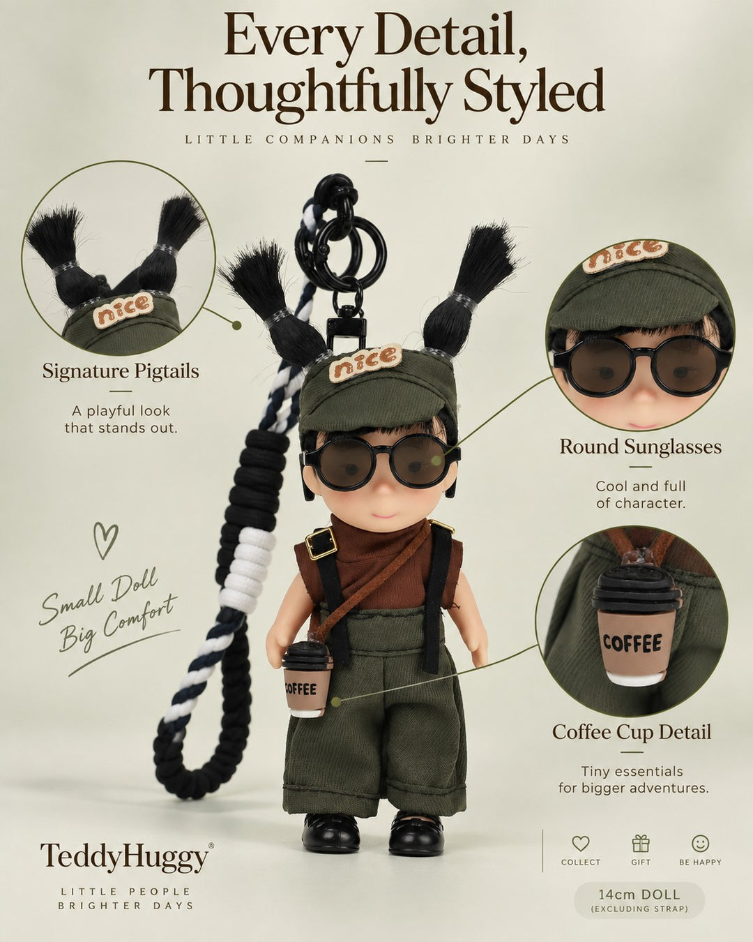 TeddyHuggy® Gray Overalls Coffee Cup Spud Doll Charm