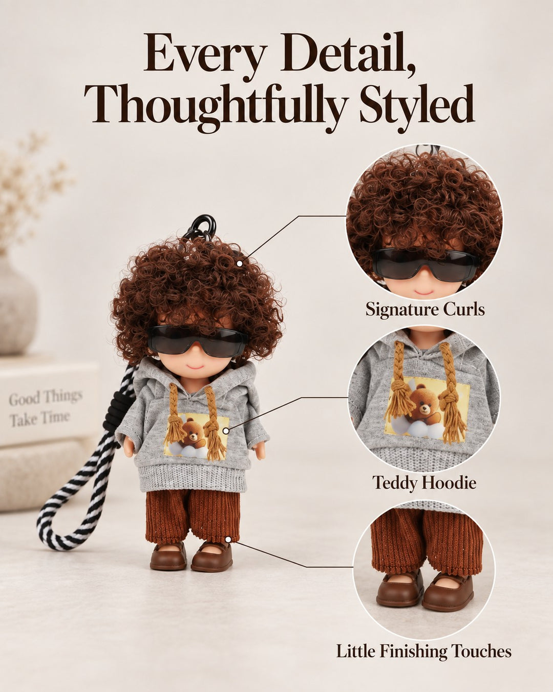 TeddyHuggy® Curly Hair & Gray Hoodie Spud Doll Charm