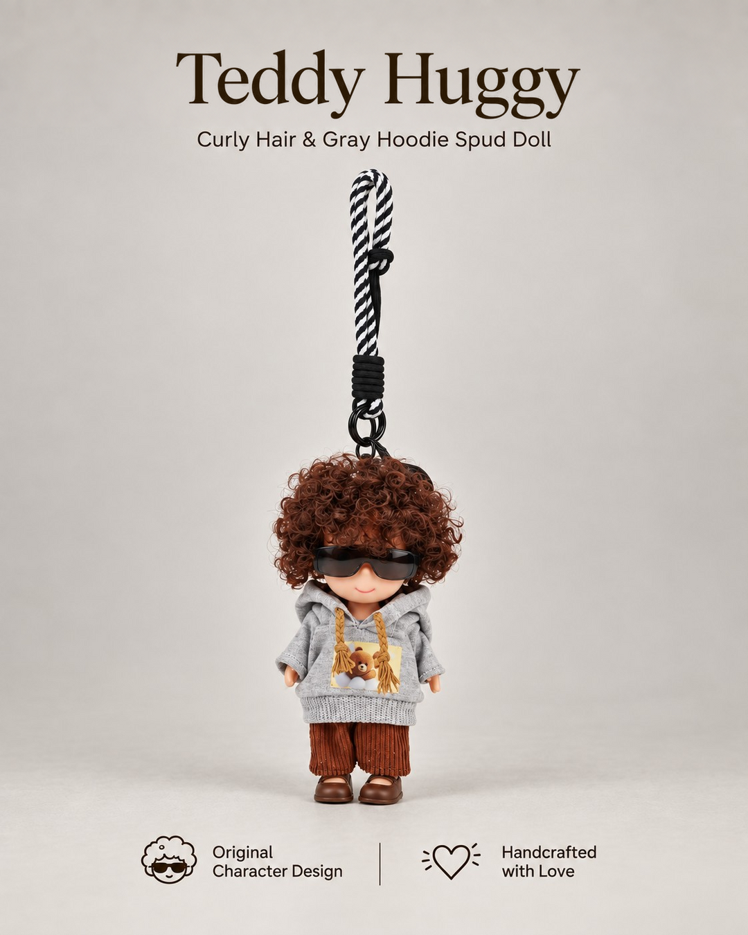 TeddyHuggy® Curly Hair & Gray Hoodie Spud Doll Charm