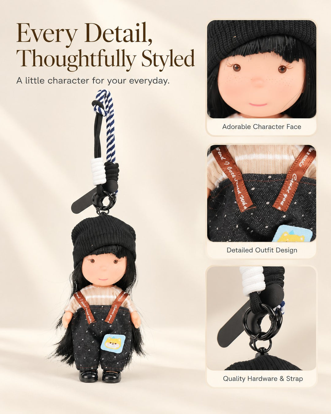 TeddyHuggy® Black Beanie Overalls Doll Charm
