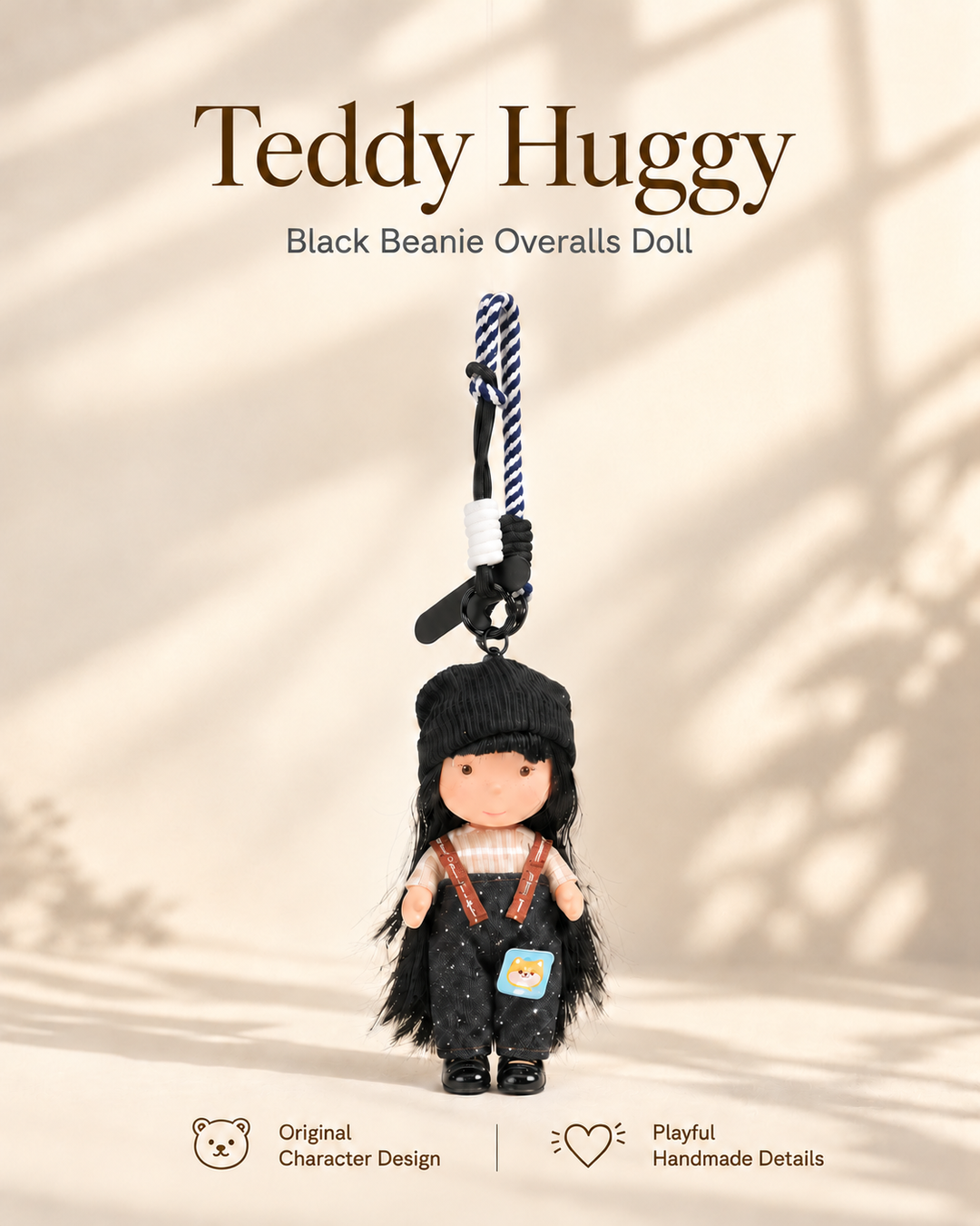 TeddyHuggy® Black Beanie Overalls Doll Charm