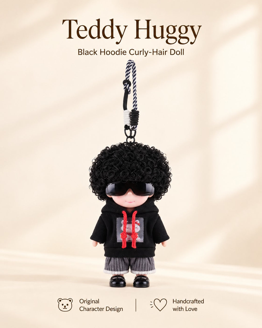 TeddyHuggy® Black Hoodie Curly-Hair Doll Charm