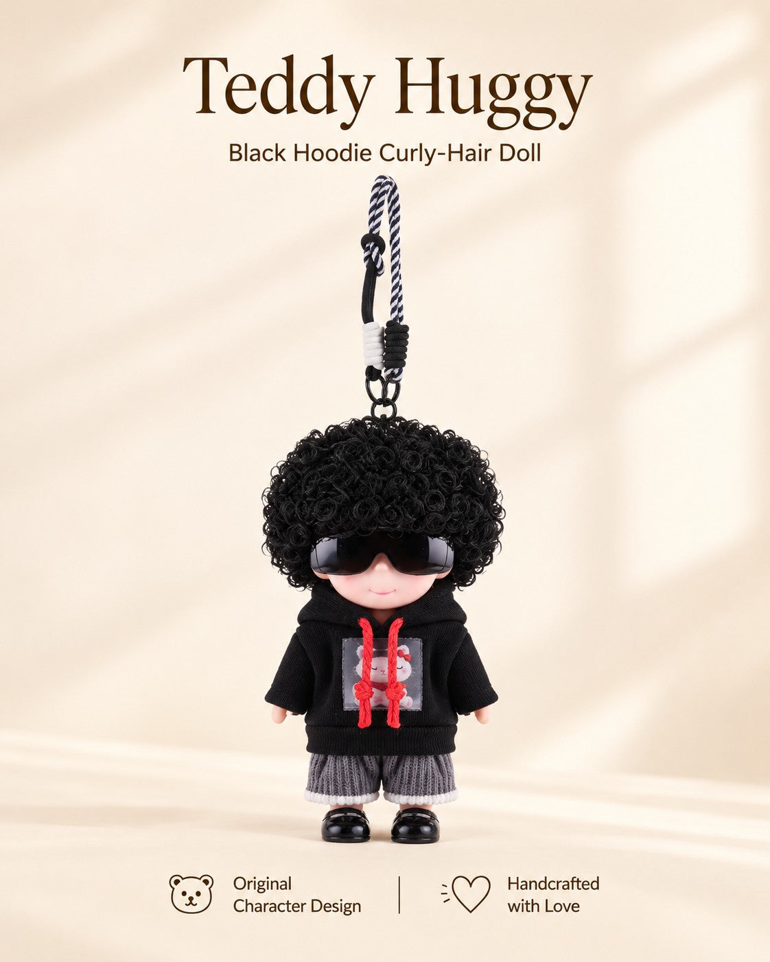 TeddyHuggy® Black Hoodie Curly-Hair Doll Charm