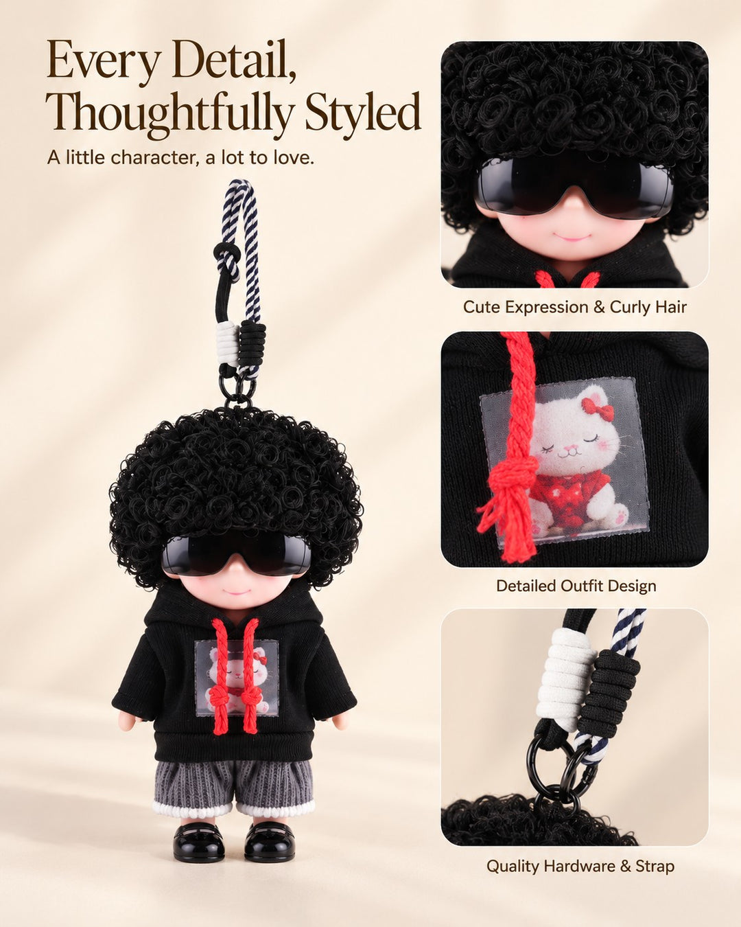 TeddyHuggy® Black Hoodie Curly-Hair Doll Charm