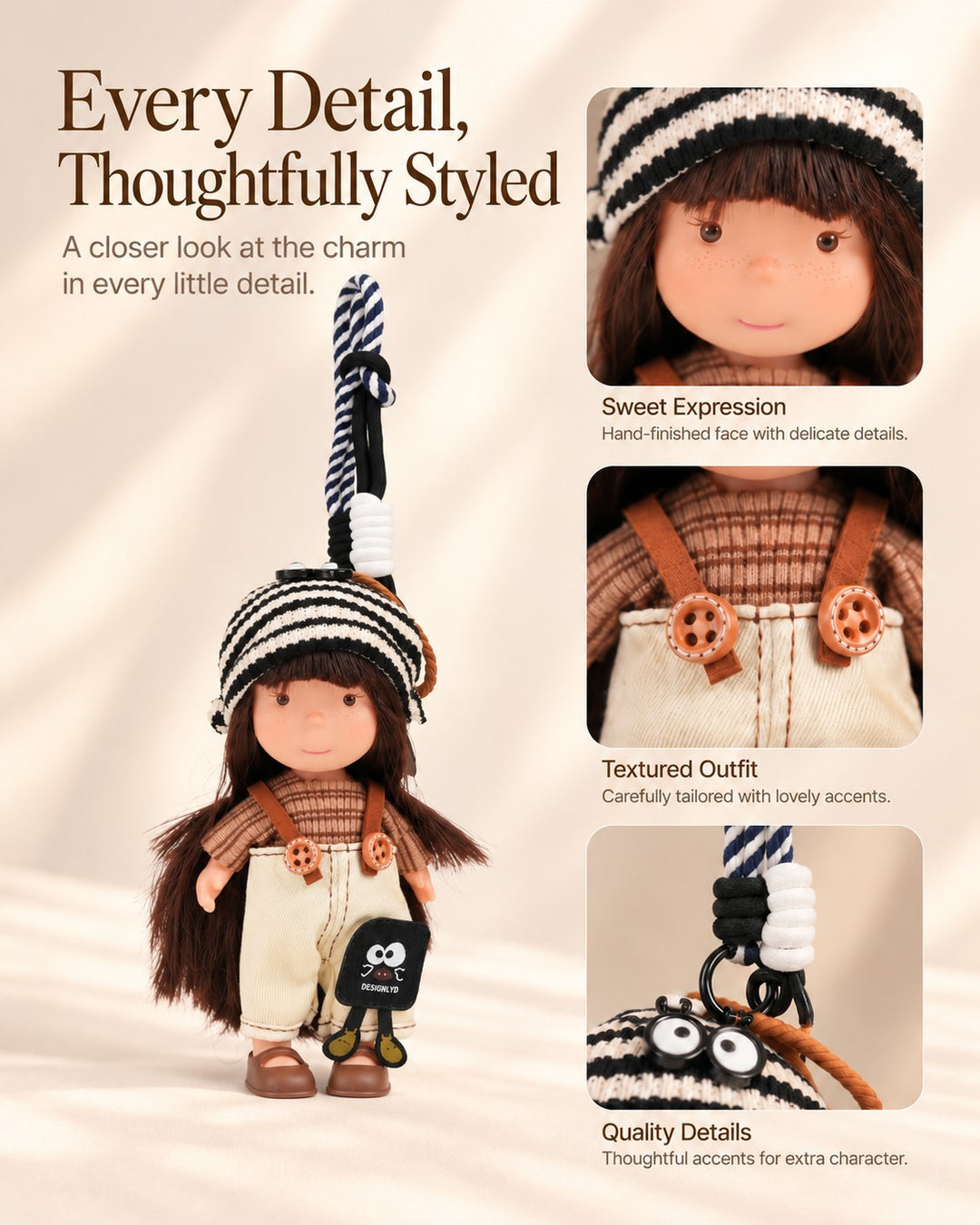 TeddyHuggy® Striped Loop Hat Overalls Doll Charm