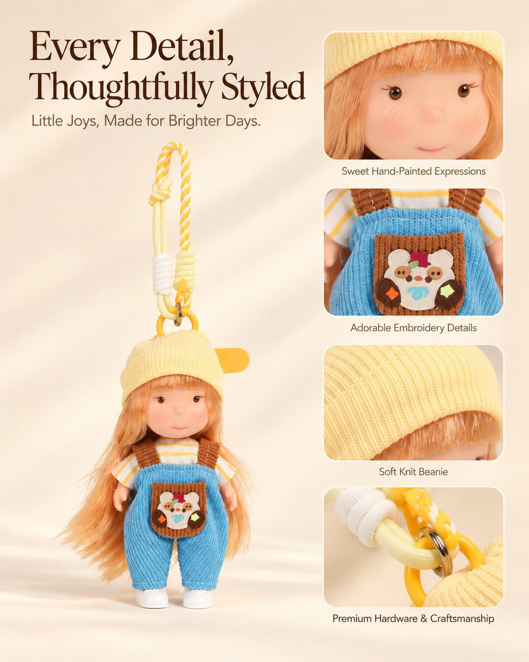 TeddyHuggy® Cream Beanie Blue Overalls Doll Charm