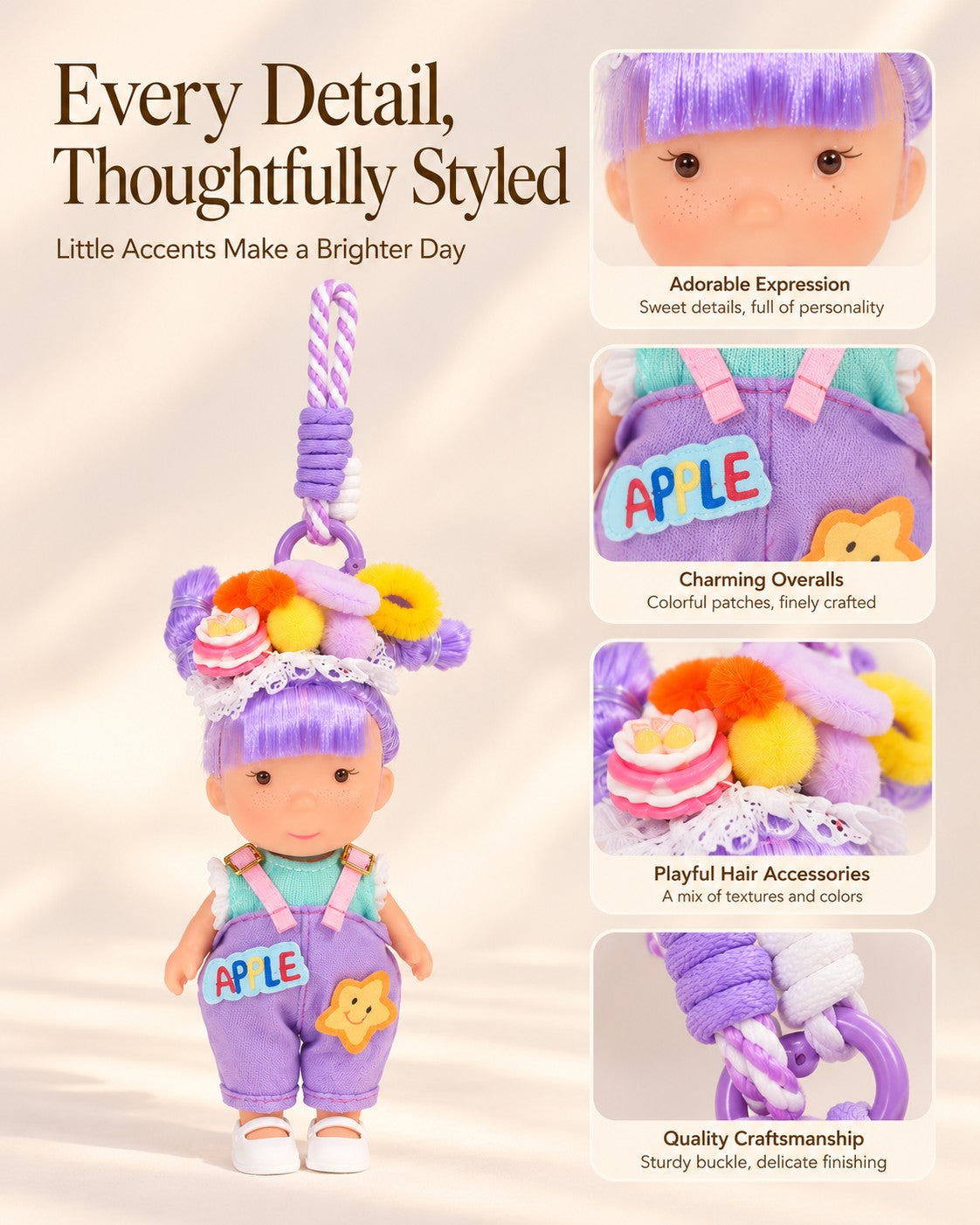 TeddyHuggy® Purple Star Overalls Yarn-Hair Doll Charm