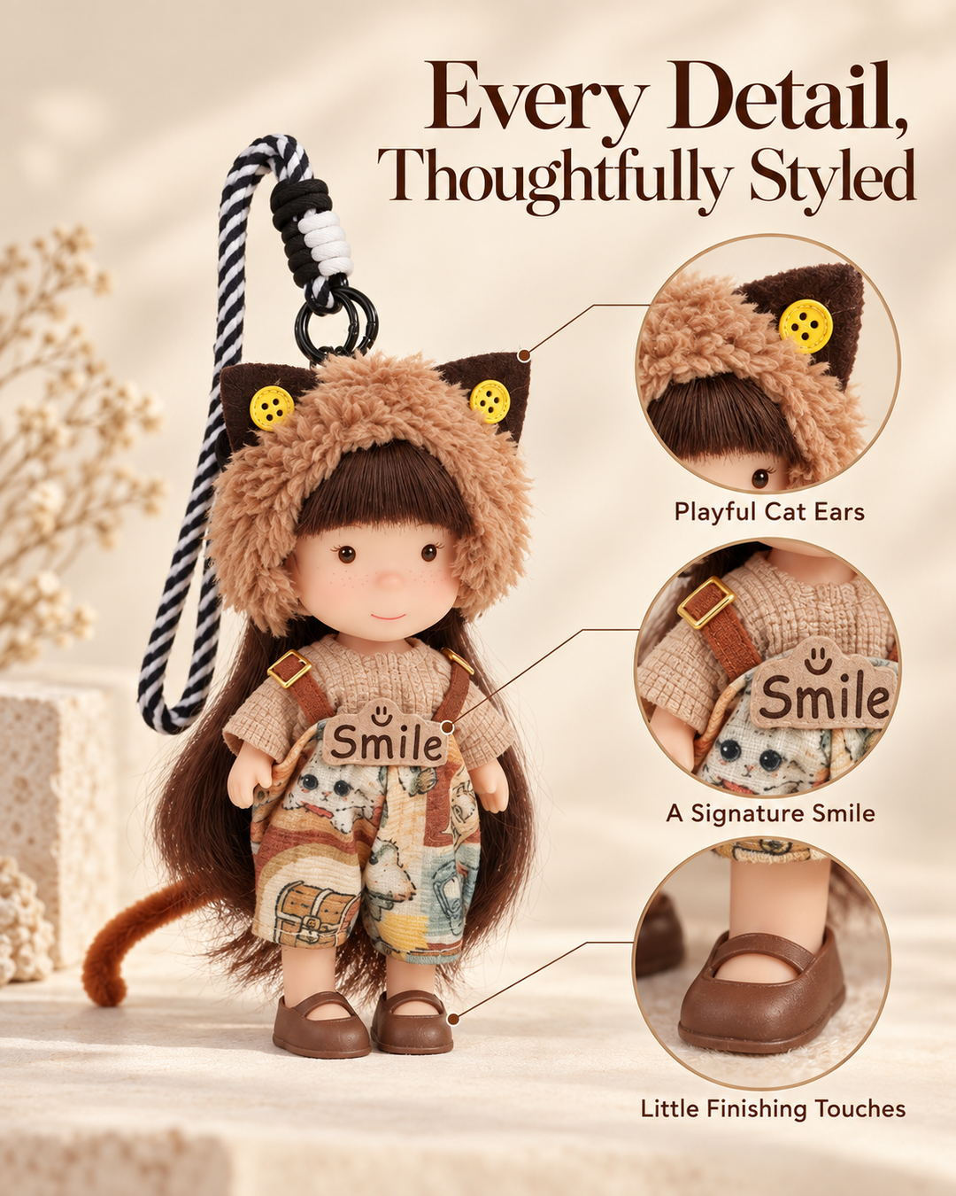 TeddyHuggy® Cat-Ear Overalls Spud Doll Charm